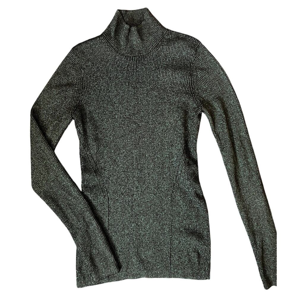 Diane Von Furstenberg Metallic Green Merino Wool Mock Neck Sweater Size Medium